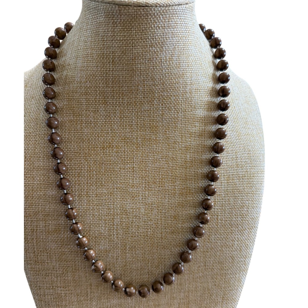 Vintage Marbled Chocolate Brown Knotted Round Bead Necklace Classic Layering